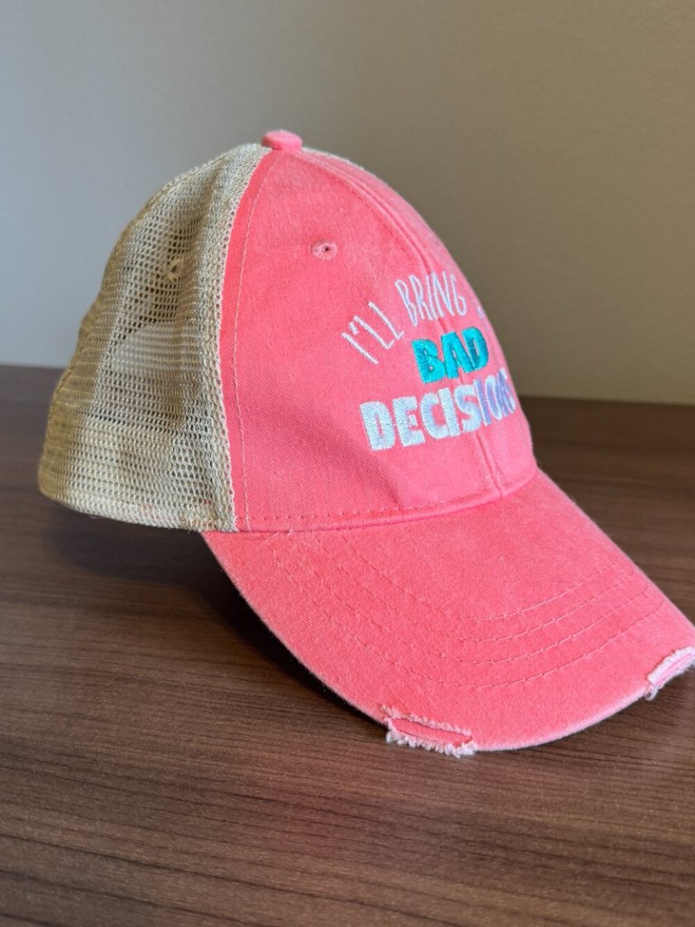 Piper Lou Coral Distressed Trucker Hat, I'll Bring The Bad Decisions, OS - Picture 2 of 5